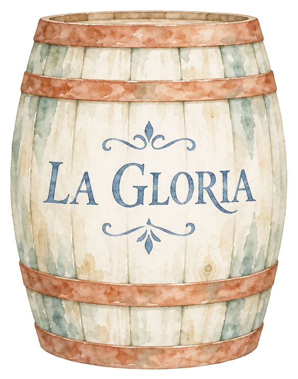 Barril blanco con la inscripción LA GLORIA en letras azules, en acuarela