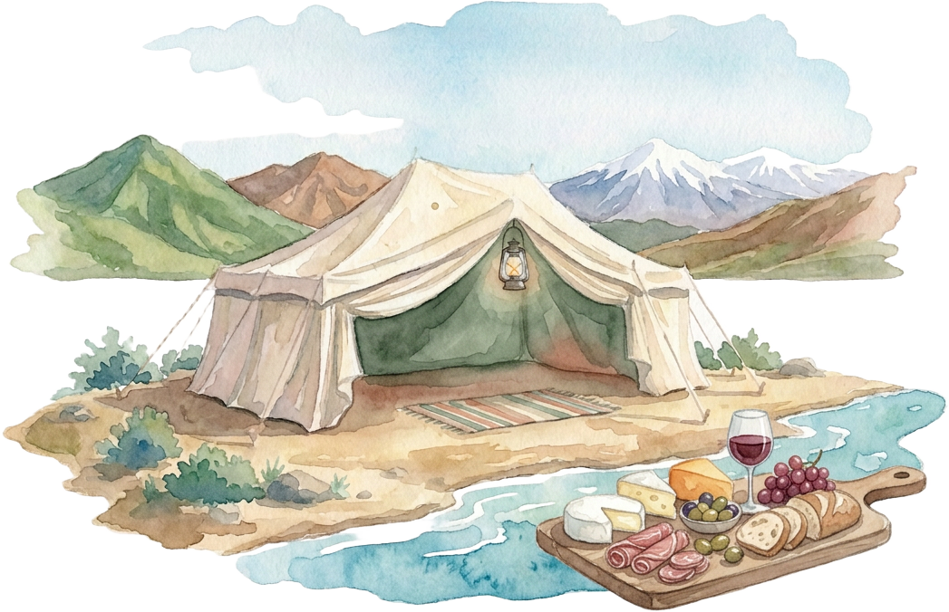 Carpa junto a la laguna de Potrerillos con un tablón de comida a orillas del agua, en acuarela