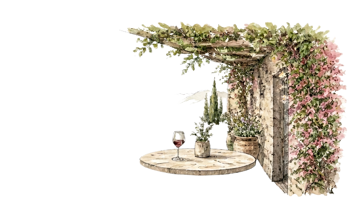 Terraza de una bodega boutique entre viñedos en acuarela